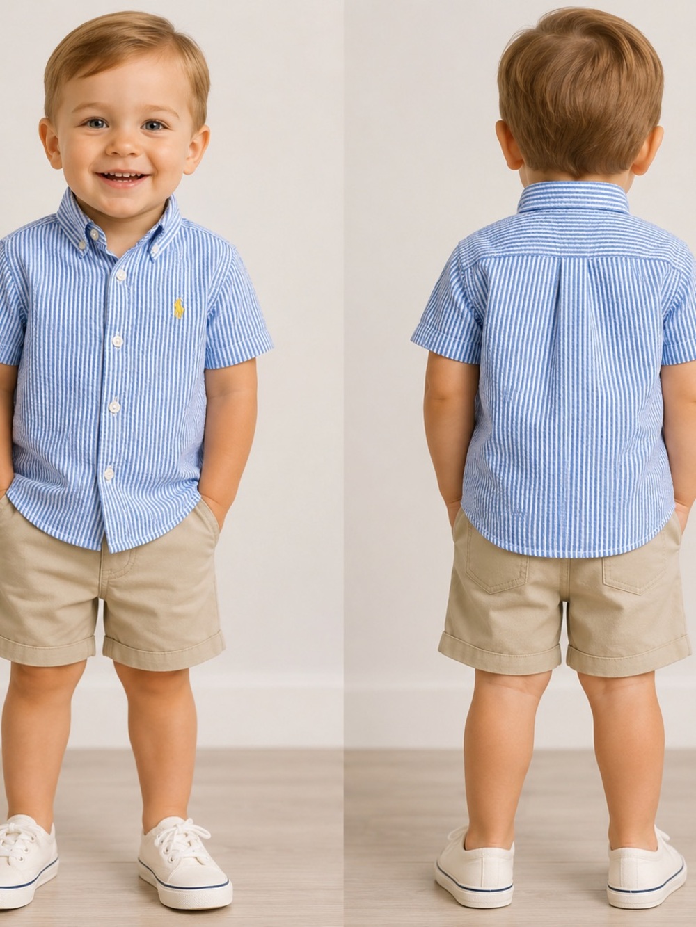 Ralph Lauren Blue & White Seersucker Short-Sleeve Button-Down Shirt. 24 Months